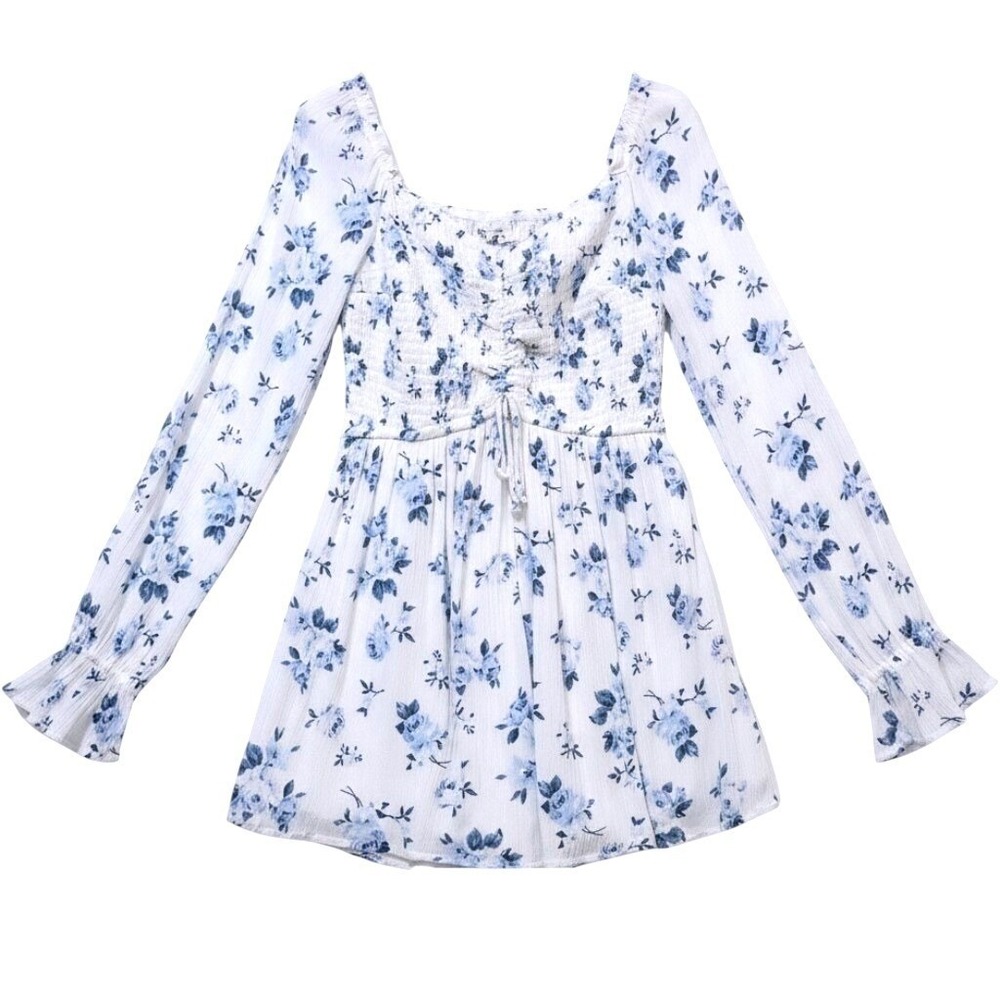 Hollister Floral Romper Womens S White Blue Smocked Babydoll‎ Cottagecore Boho